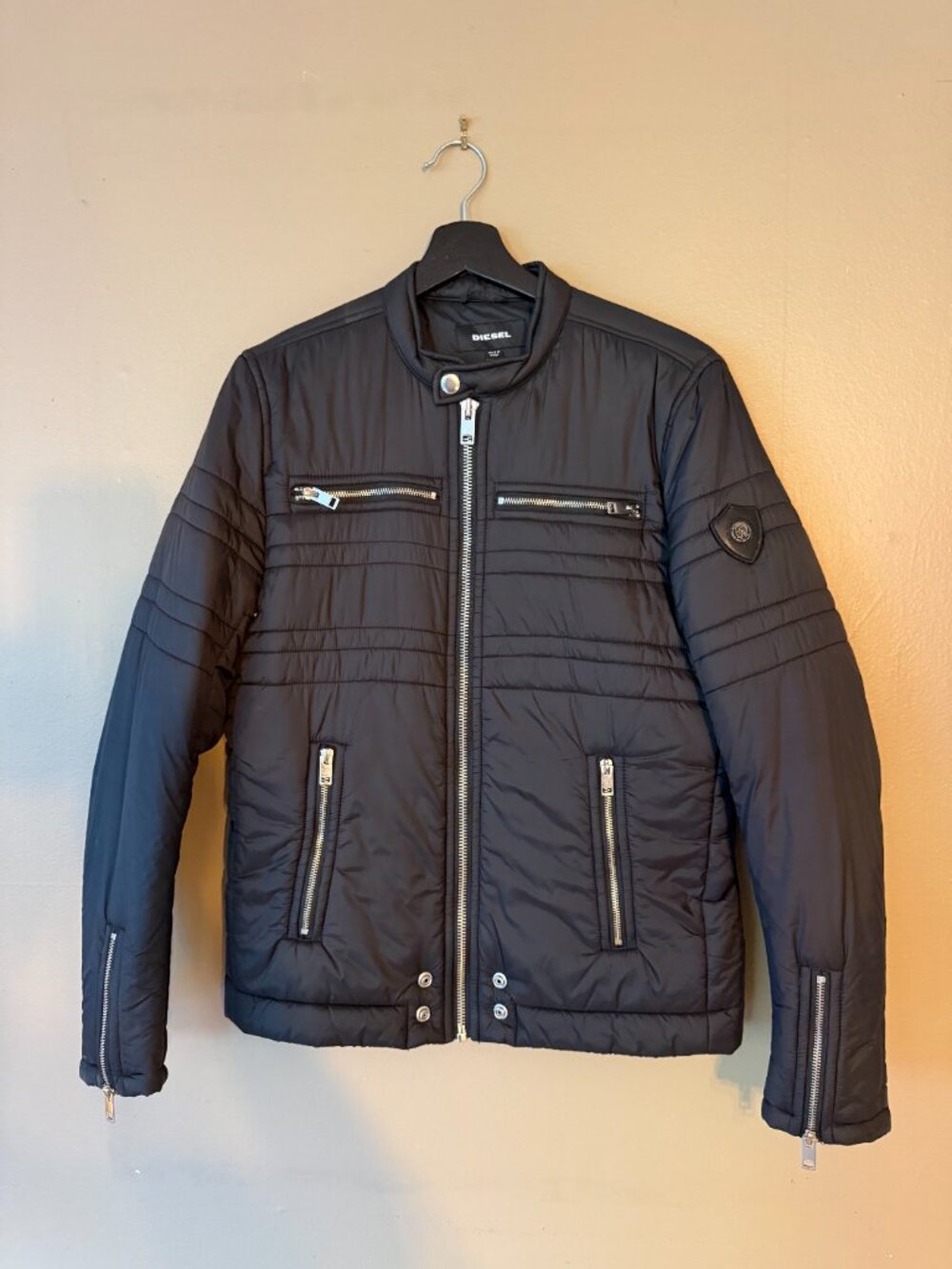 Diesel Black Quilted Nylon Moto Puffer Jacket Cosmic Noise Men's Size M
